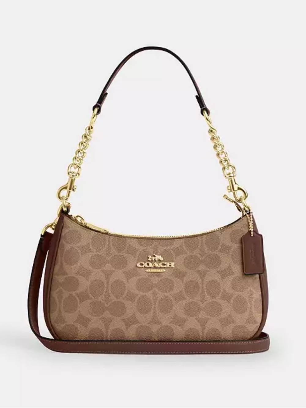 Coach Signature Canvas Shoulder Bag in Tan and Brown with Gold Hardware